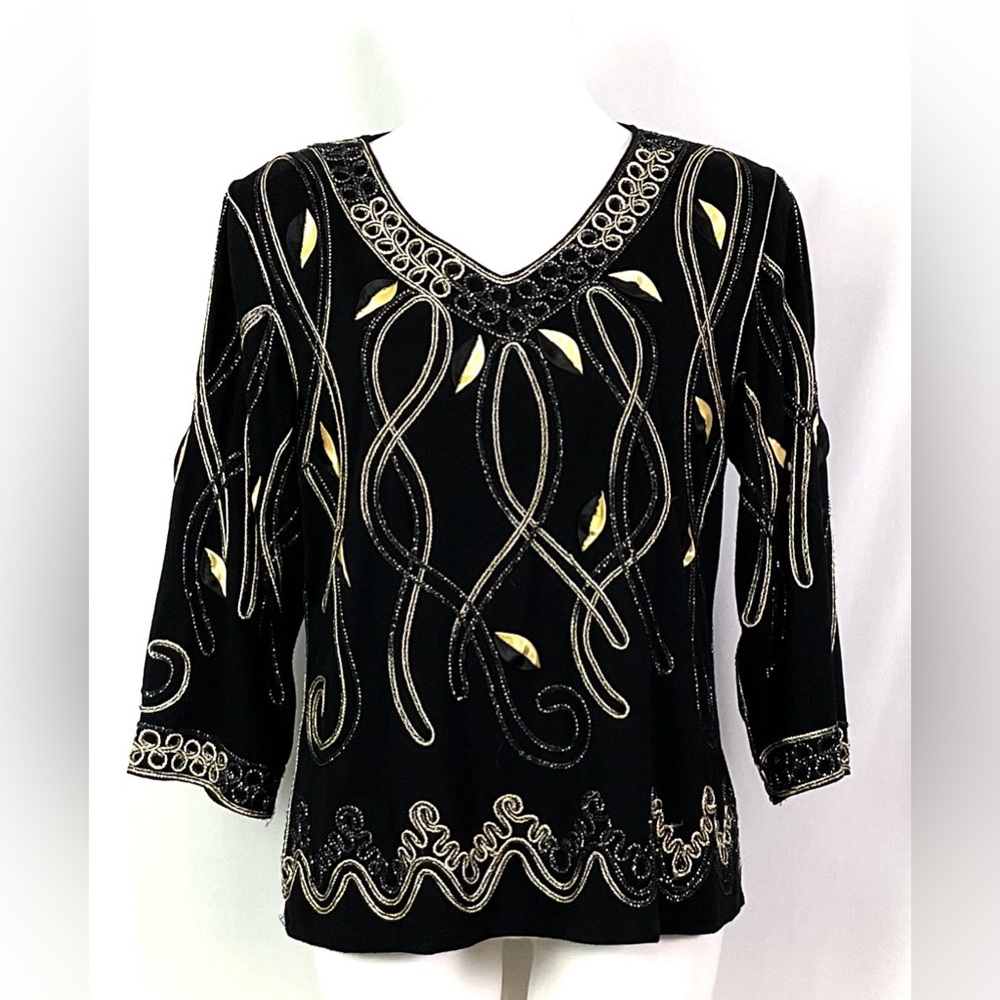Once Again-soft, black knit, beaded top, gold appliqués   – size L